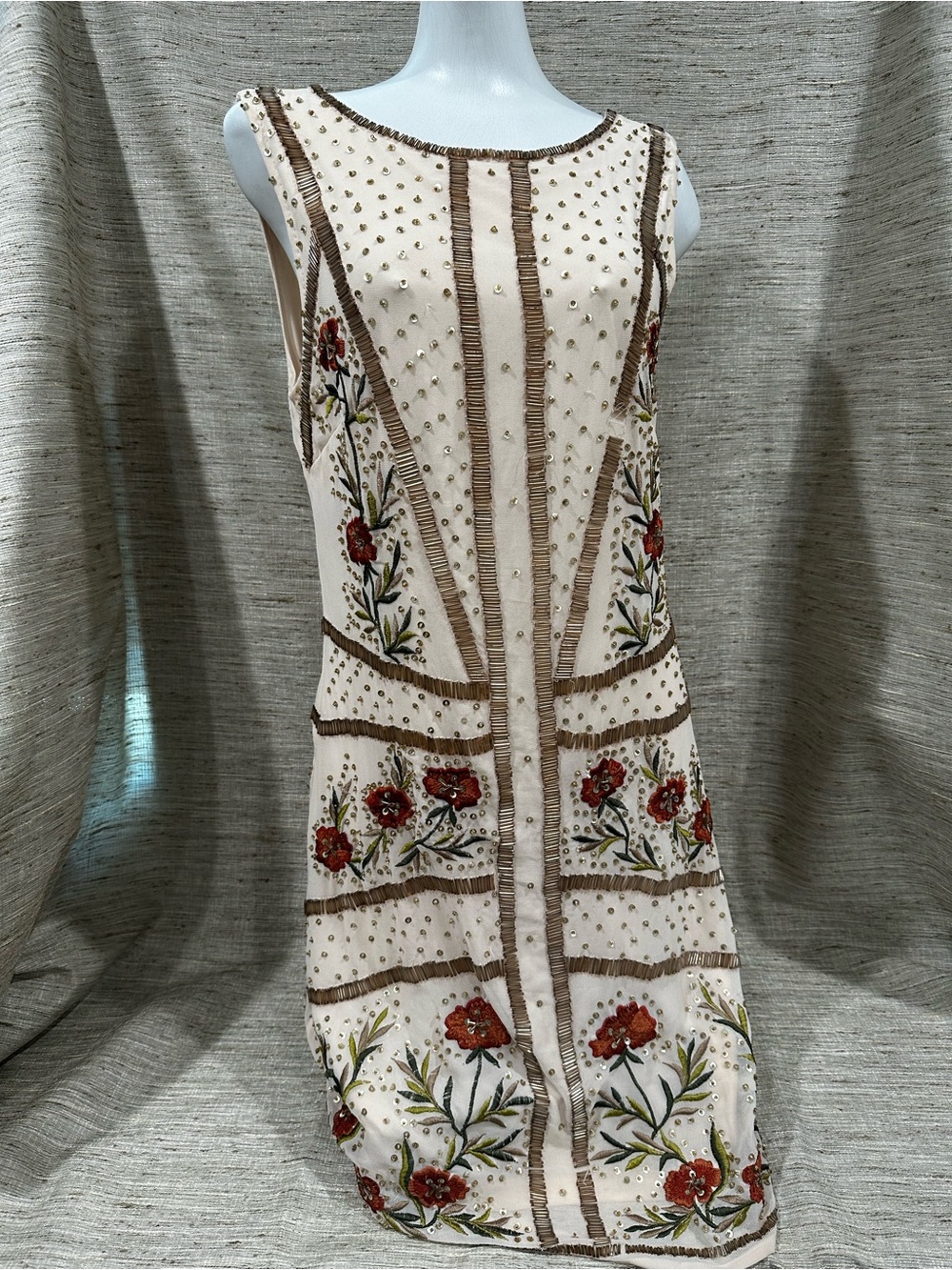 Cream Sleeveless Embroidered Floral Shift Dress
